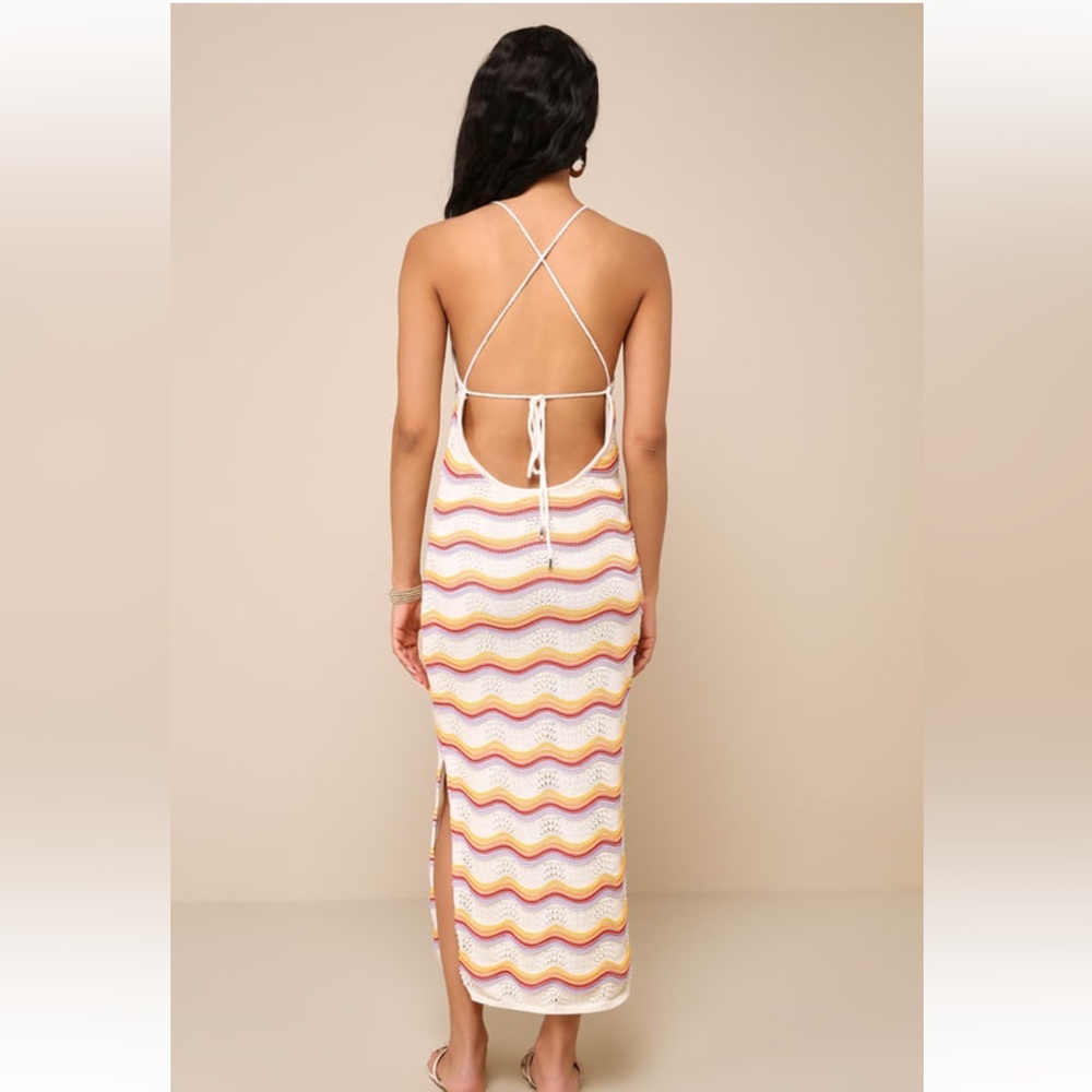 Ivory striped crochet lace up halter midi dress